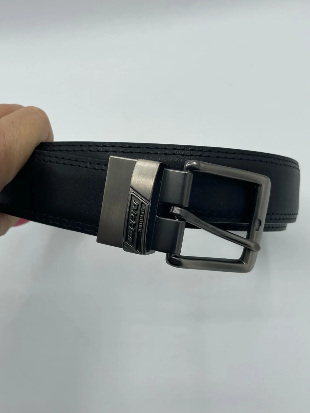 Dickies Black Leather Belt with Silver Tone Metal Buckle.
